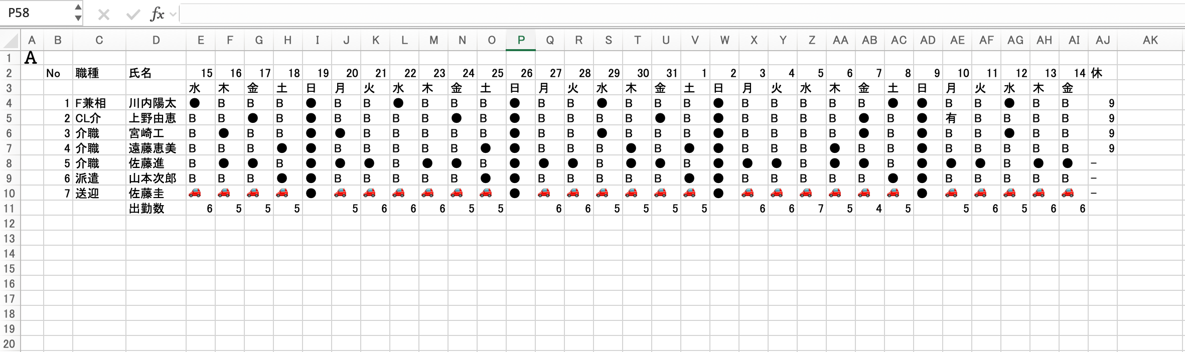 介護シフト作成ツールのExcel出力画面