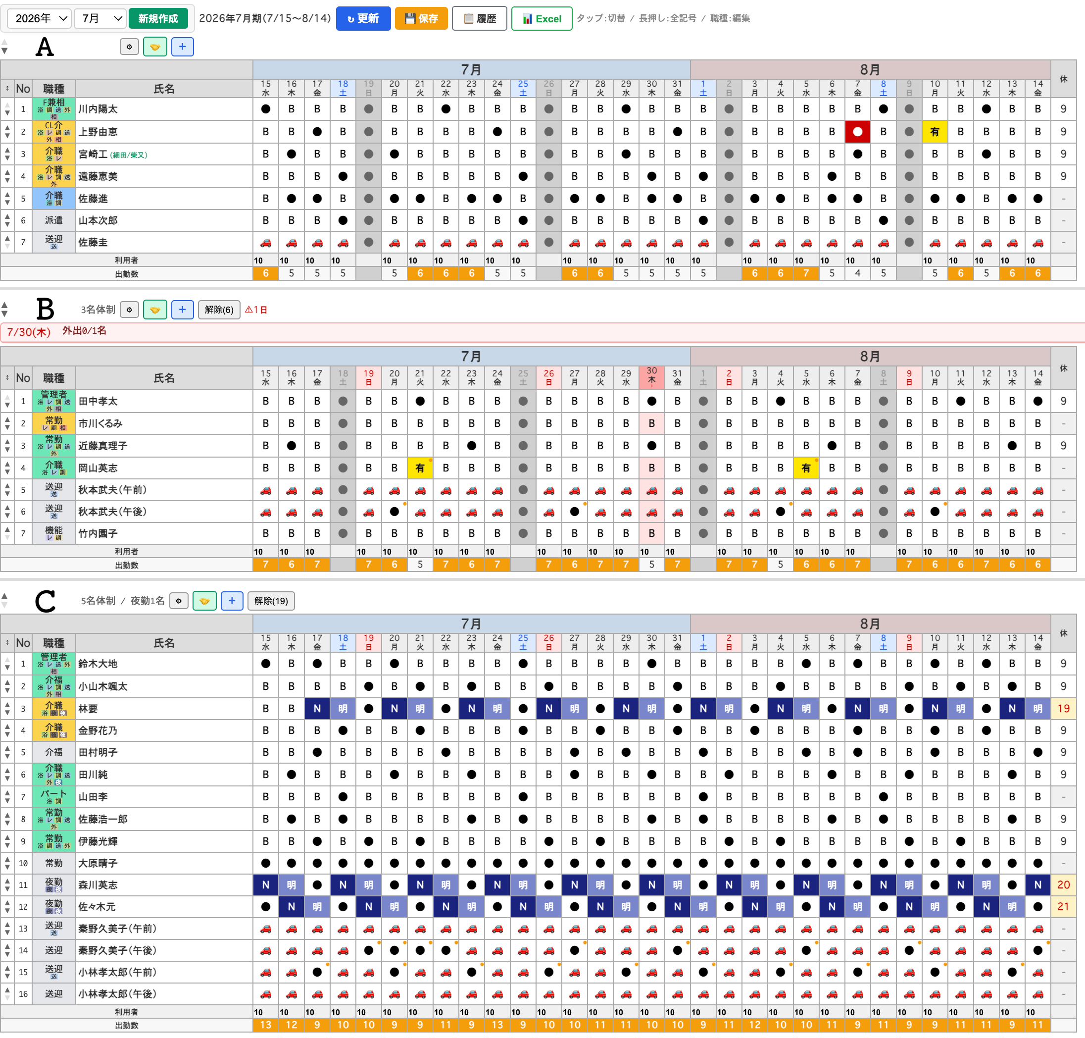 デイサービス3事業所のシフトを一画面で確認できるシフト作成ツール画面